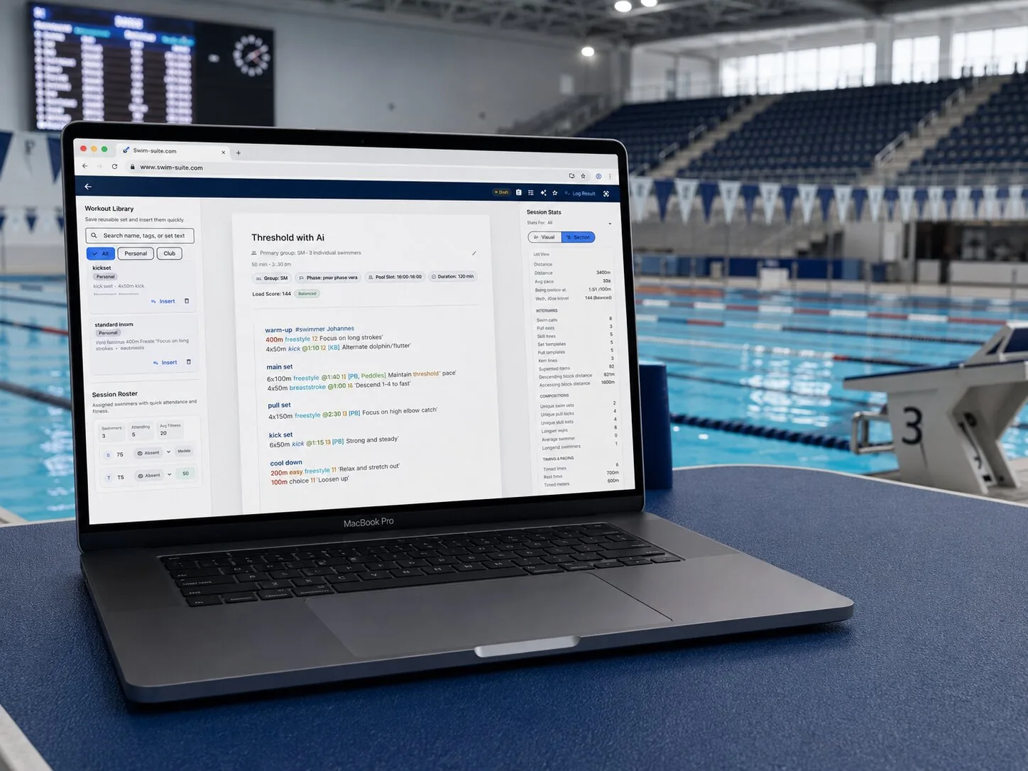 Swim Suite on a laptop at the side of a competition pool, showing a threshold session built set by set