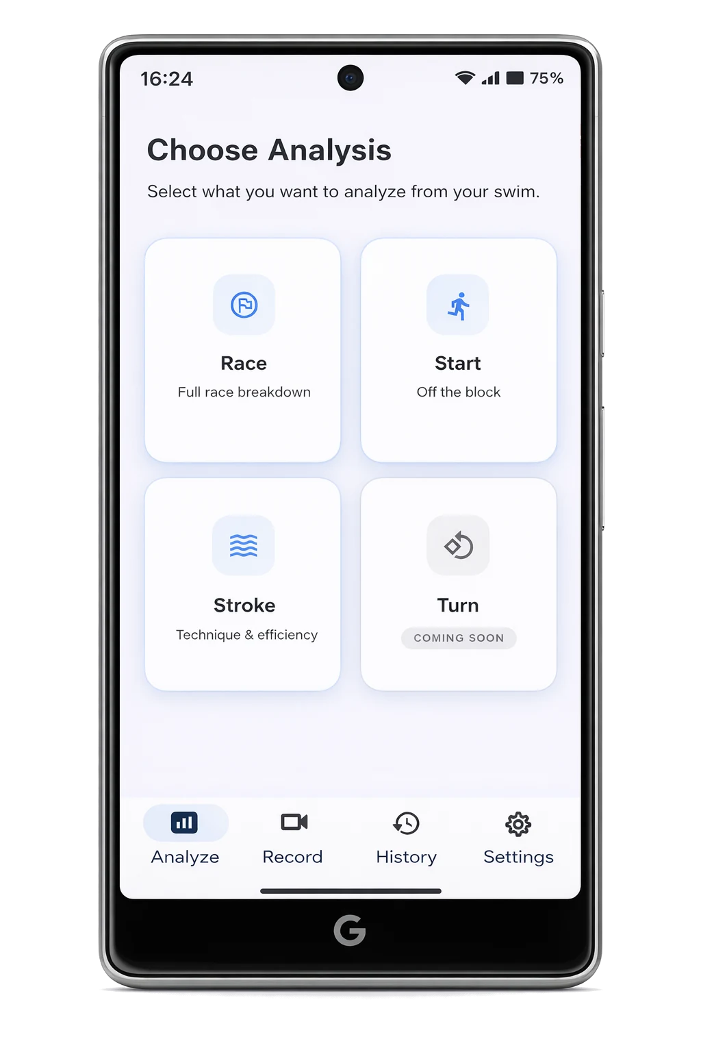 Swim Analyzer Pro on an Android phone showing the Choose Analysis screen with race, start, stroke and turn options