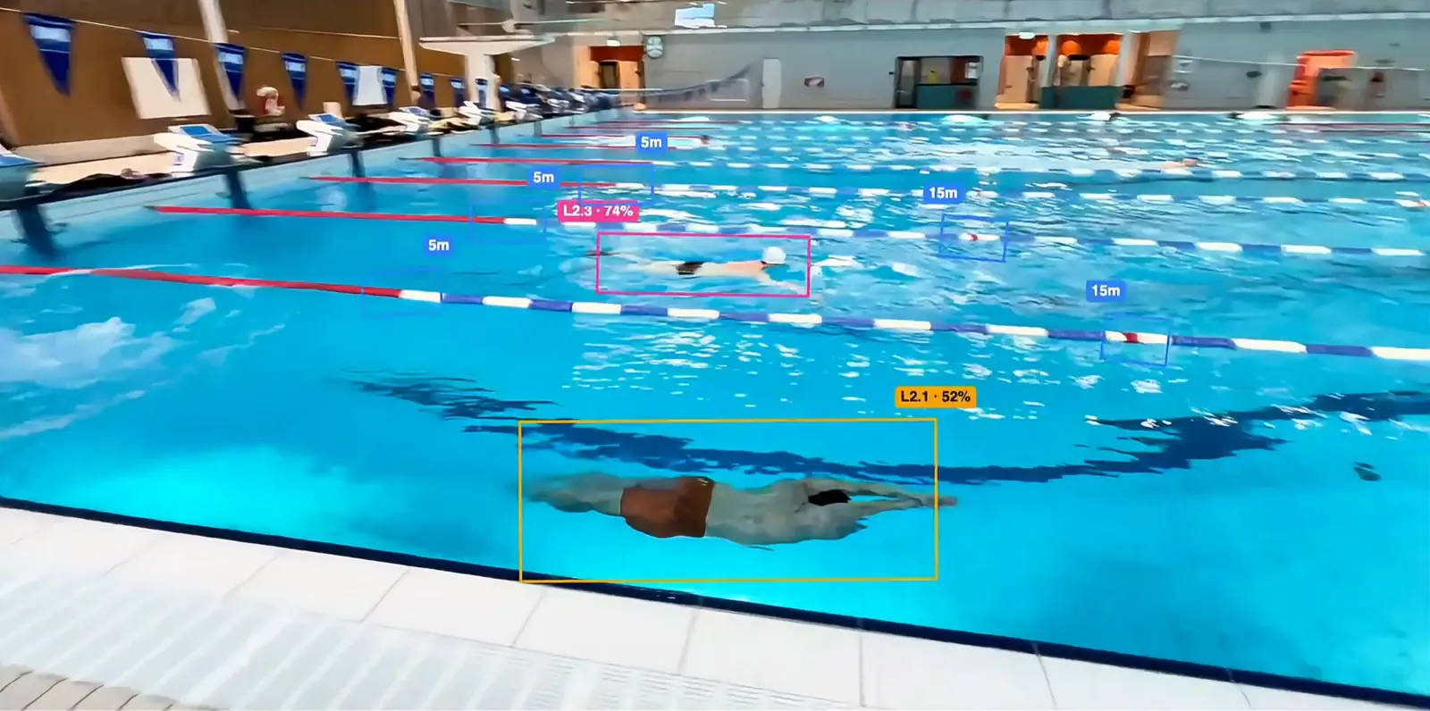 Phone video of a pool with detection boxes drawn around the swimmers and the lane distances marked