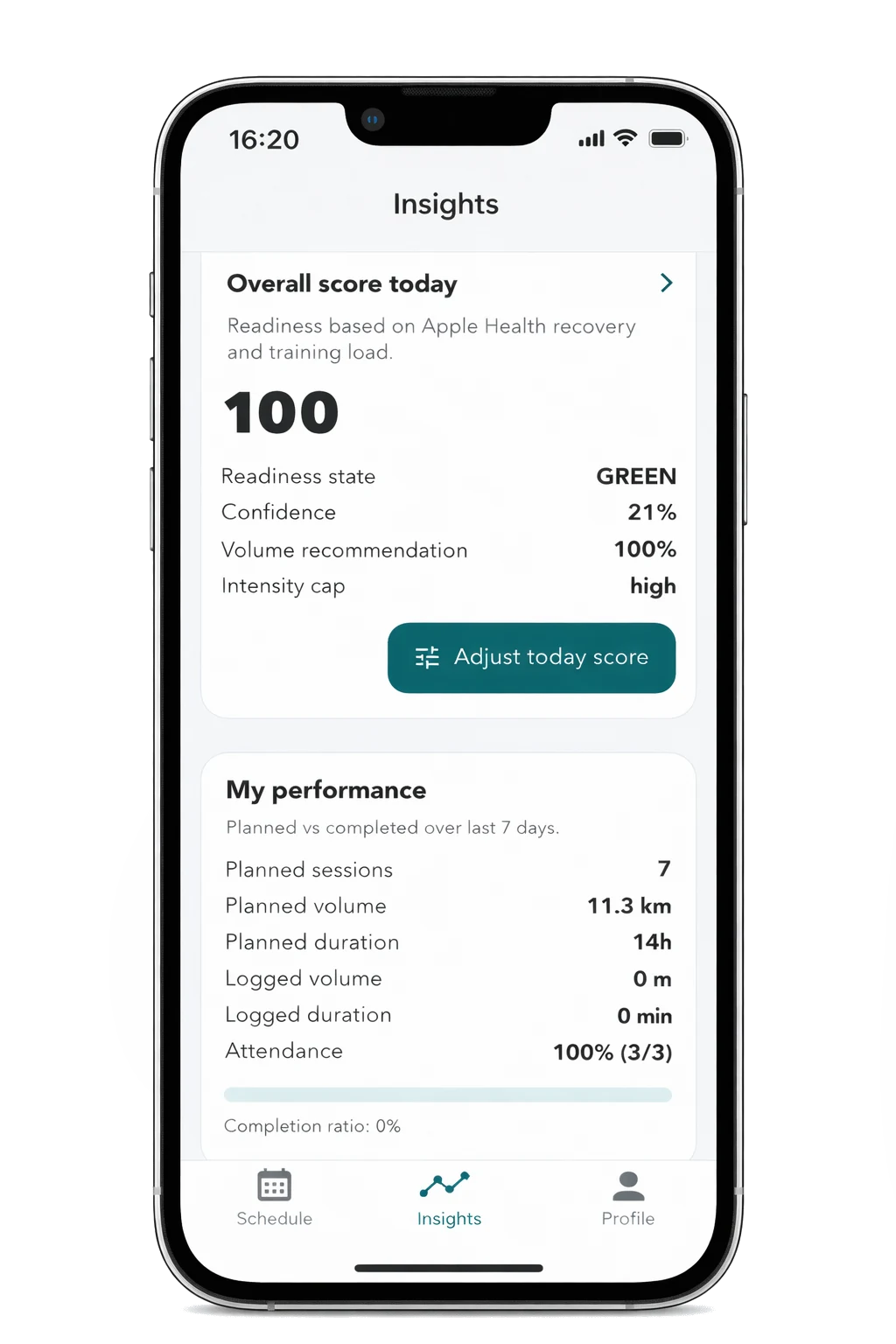 Swim Forge on an iPhone showing the swimmer's readiness score, the week's planned sessions and volume, and their attendance