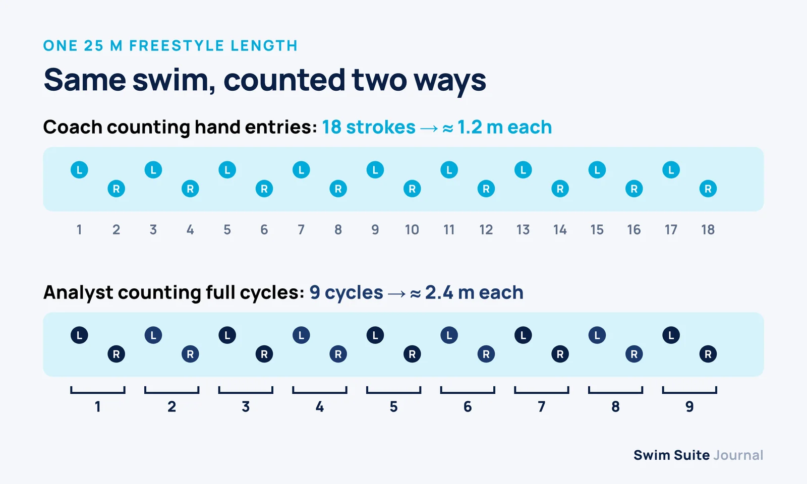 Diagram of one 25 m freestyle length: 18 alternating left and right hand entries, grouped in pairs into 9 stroke cycles